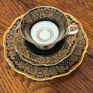 Weimar Dora Porcelain Dark Blue and Gold Cup Saucer and Dessert Plate